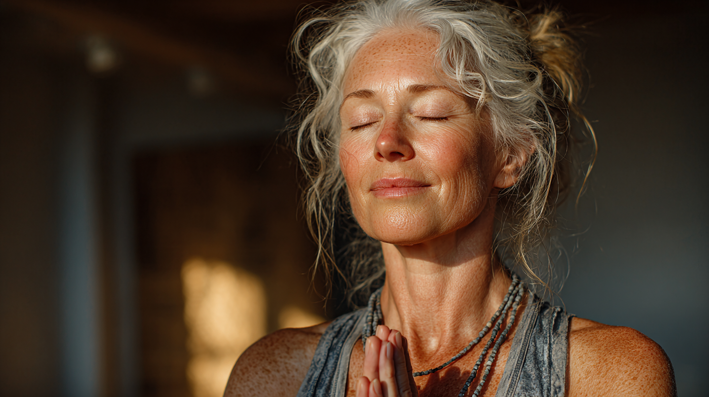 Група людей старшого віку виконує вправи йоги в затишній студії