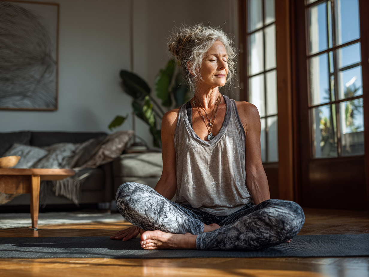 Жінка зрілого віку медитує в позі лотоса на природі